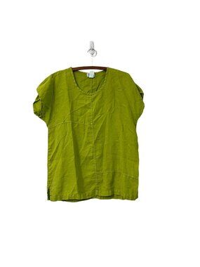 Mosaic Womens Chartreuse Green Linen Short Sleeve Lagenlook Top Size Large USA